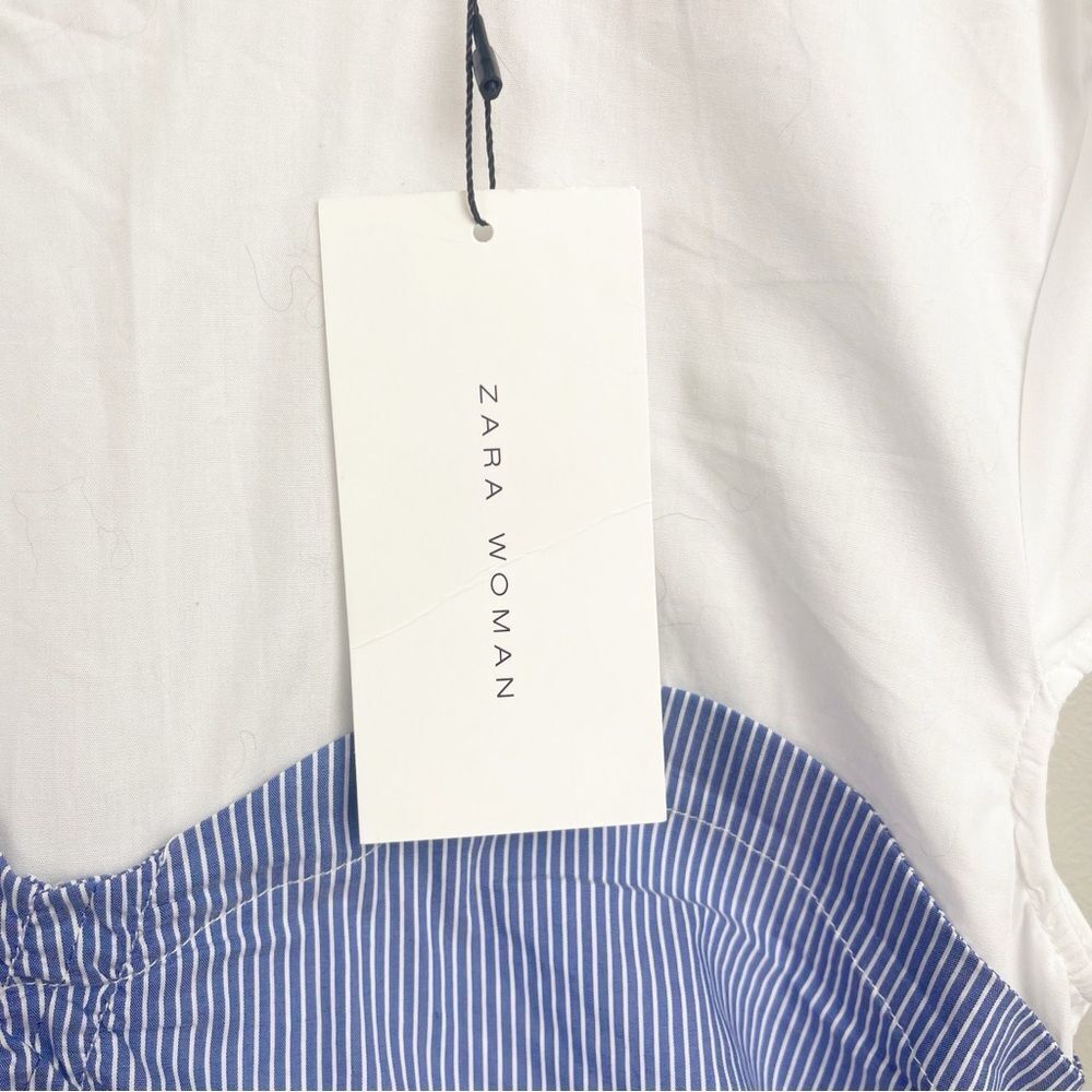 Zara White and Light Blue Ruched Front Short Sleeve Top - Picture 4 of 9